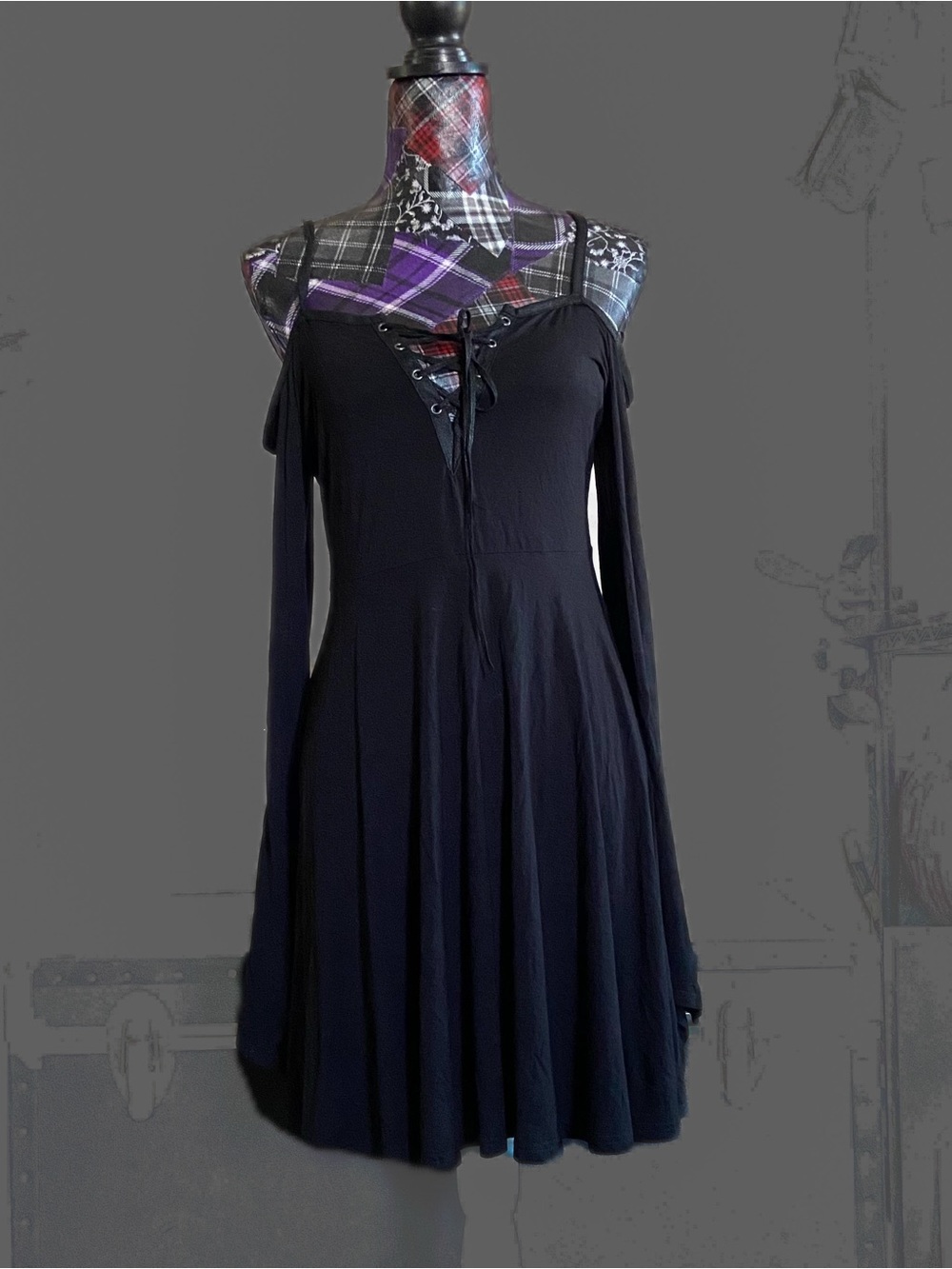Killstar Black Cold-Shoulder Lace-Up Long Sleeve Dress